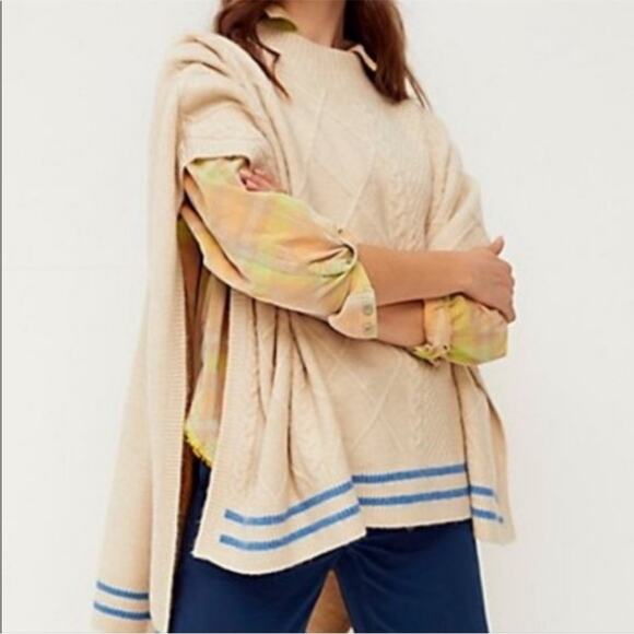 Free People Cream Harbour Stripe Cable knit Poncho Sweater Sz O/S NWT - Picture 1 of 13